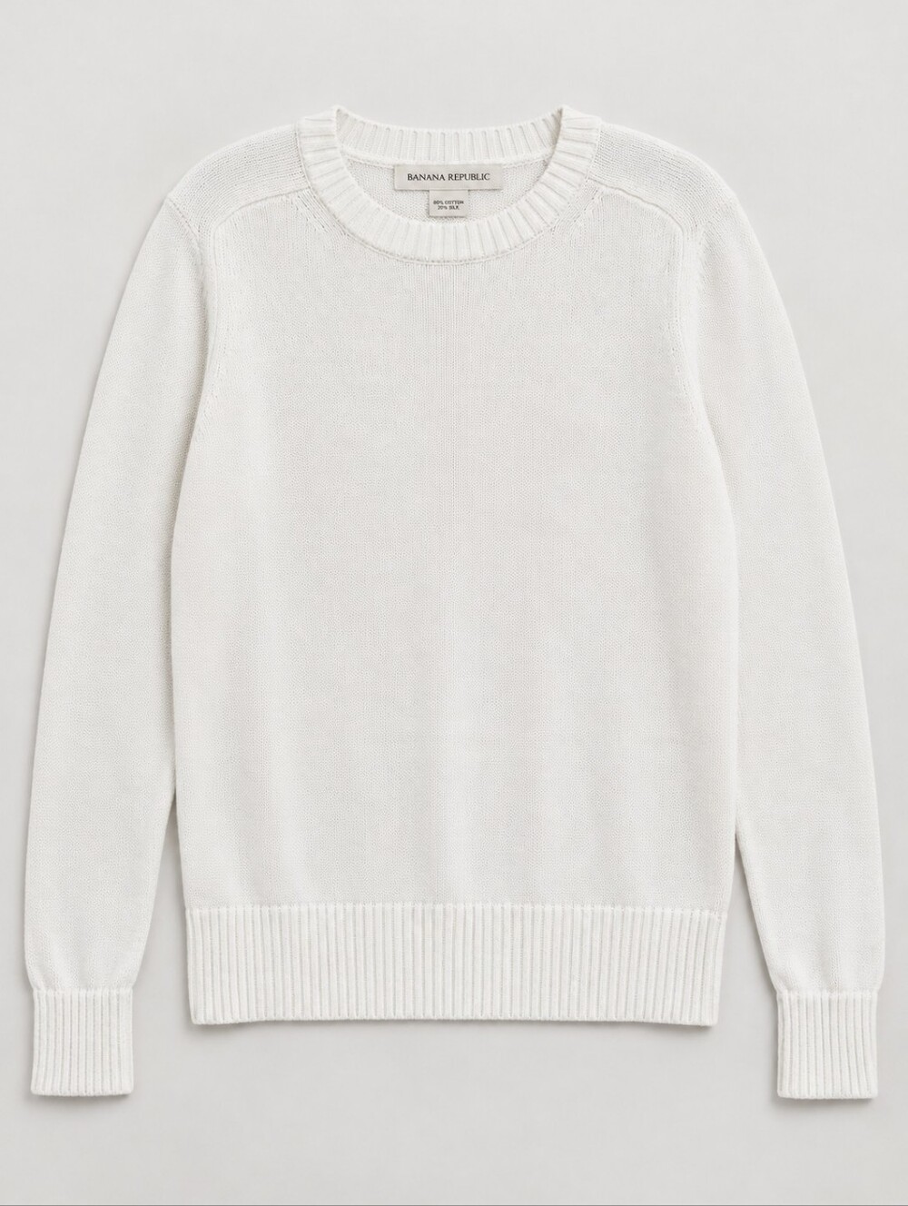 Banana Republic White Cotton Silk Blend Crewneck Sweater Ribbed Cuffs Size L